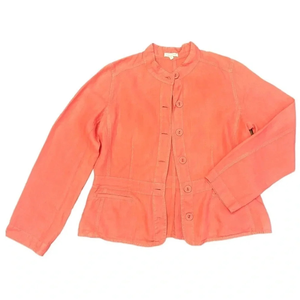 Eileen Fisher Irish Linen Long Sleeve Button Down Jacket with pockets Coral - Picture 2 of 8